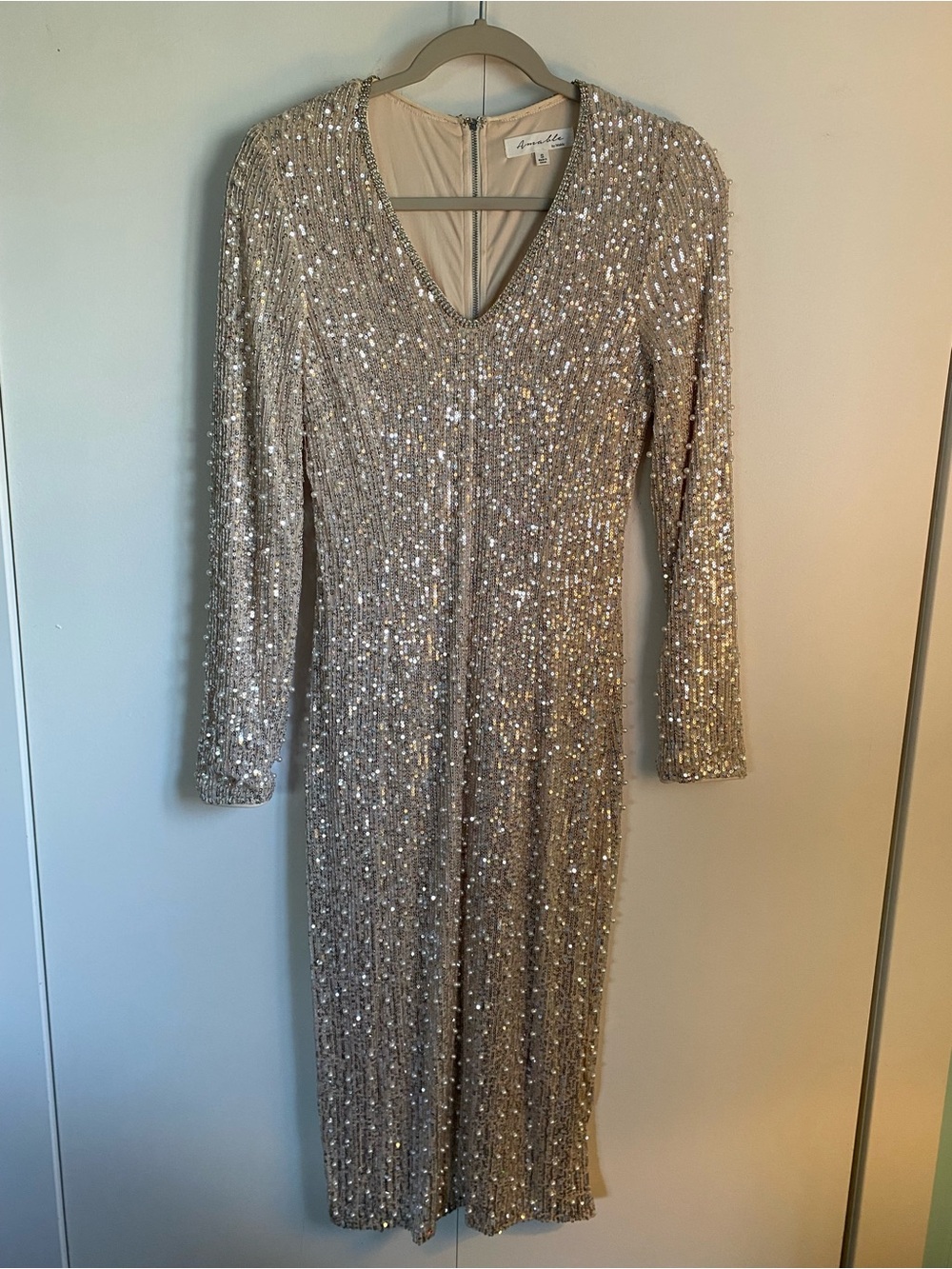 Amable by Mable STUNNING Long Sleeve Sequin & Pearl Bodycon Midi Dress